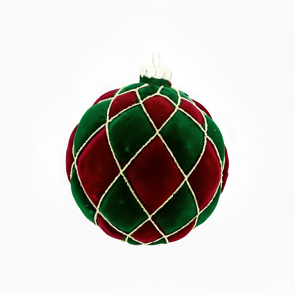Red & Green Velvet Harlequin Bauble - 6 Pack