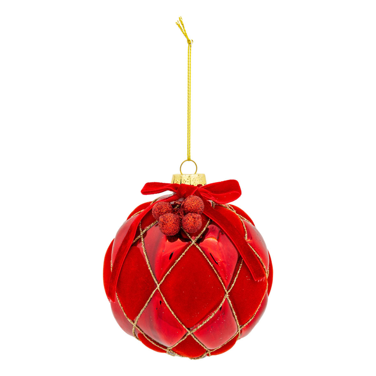 Red Velvet Lattice Bauble With Bow & Berries - 6 Pack