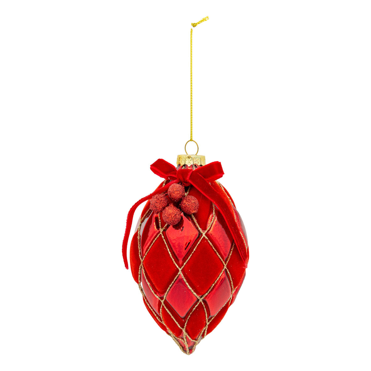 Red Velvet Long Drop Bauble With Bow Berries - 6 Pack