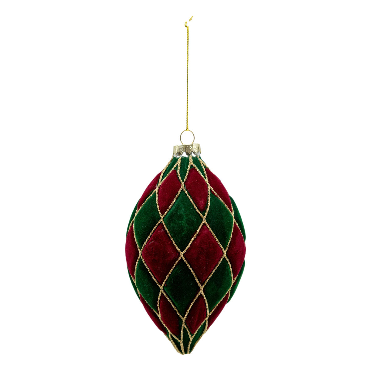 Green & Red Velvet Harlequin Long Drop Bauble - 6 Pack